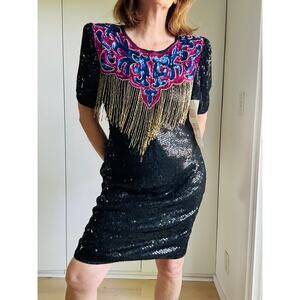 Vintage Sequin Party Dress Size Medium Embellished Fancy Formal Era 80s Silk